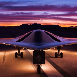 “PEGASUS” The pilotless X47A drone on the runway at China Lake at NAS in California at sunrise.