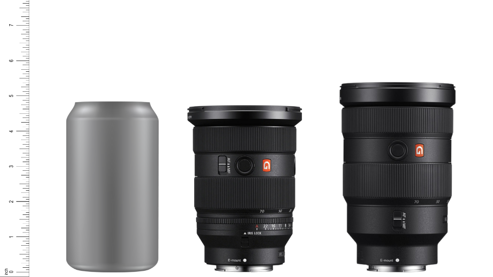 Size comparison with a soda can (left) Vs. FE 24-70mm f/2.8 GM II (middle) Vs. FE 24-70mm f/2.8 GM (right)