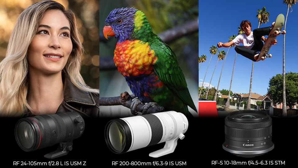 Canon RF 24-105mm f/2.8 L IS USM Z, the RF 200-800mm f/6.3-9 IS USM, and the RF-S 10-18mm f/4.5-6.3 IS STM.